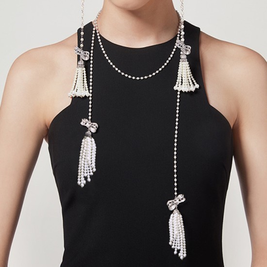 Luxury Crystal Bow Knot Long Tassel Necklace