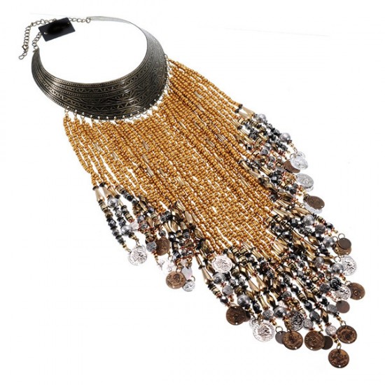 Resin Tussles Long Chocker Bead Necklace (Gold Color)