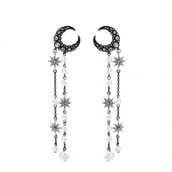 Imitation Pearl And  Crystal Moon Star Long Earrings