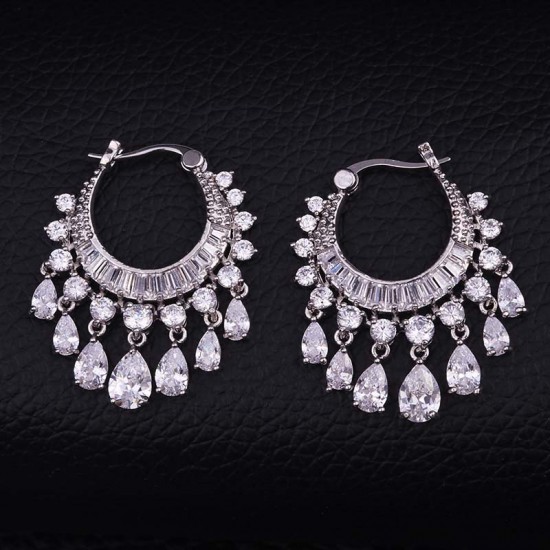 Luxury Cubic Zirconia Water Drop Tassel Earrings (Platinum)
