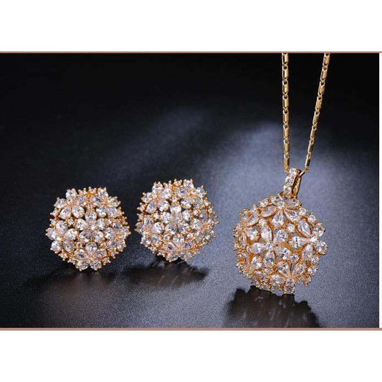 Zirconia Floral Necklace Earrings Set (Yellow Gold Plated)