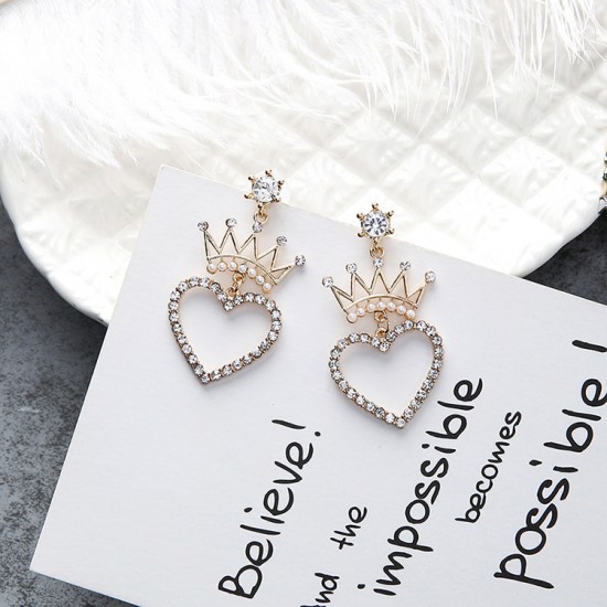 Simulated Pearl And Crystal Crown And Heart Earrings