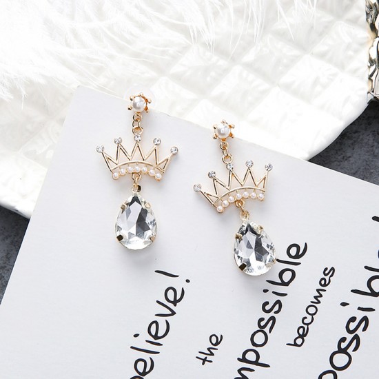 Simulated Pearl And Crystal Crown And Water Drop Earrings