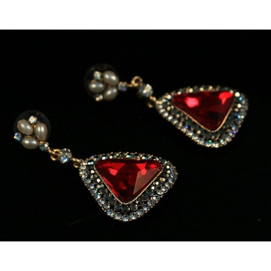 Vintage Gold Deep Red Chandelier Earrings