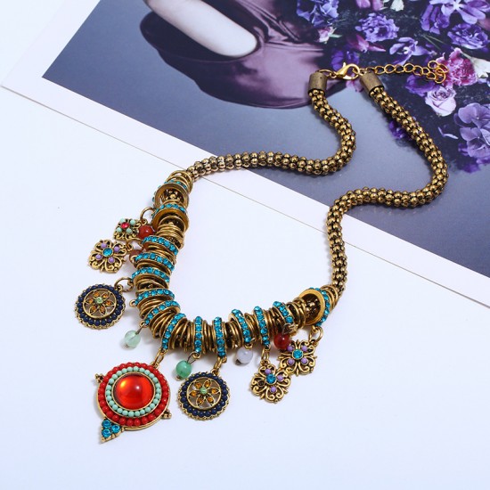 Colorful Resin And Rhinestone Dangle Necklace (Gold)