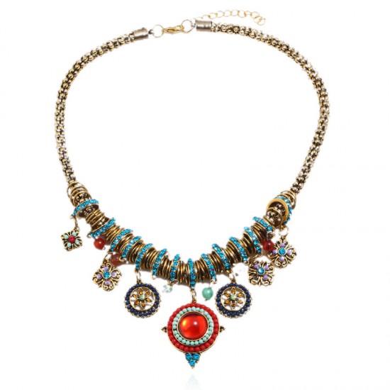 Colorful Resin And Rhinestone Dangle Necklace (Gold)