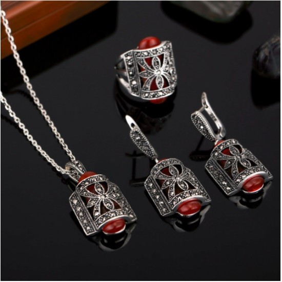  Red Rhinestone Pendant Necklace+Earring+Ring(18mm)