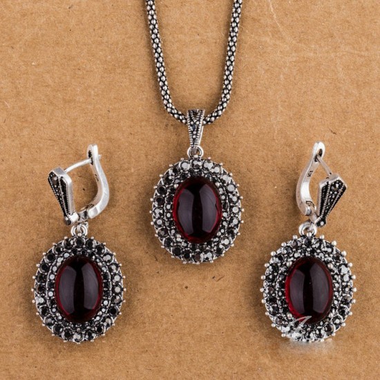  Russian Antique Silver Design Necklace, Earring, Ring 18mm (Maroon Color)