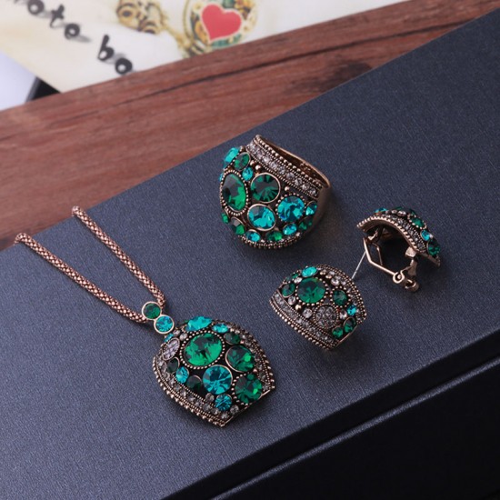 Luxury Crystal Stud Earrings, Necklace, Ring (Size 7) Set (Green Color)