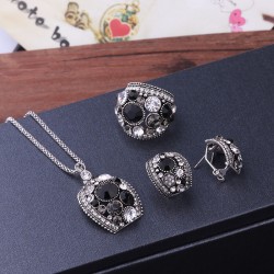 Luxury Crystal Stud Earrings, Necklace, Ring (Size 7) Set (Black Color)