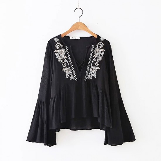  Women Vintage Embroidery Flare Sleeve Vestidos Blouse (BLACK)