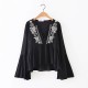  Women Vintage Embroidery Flare Sleeve Vestidos Blouse (BLACK)
