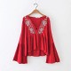  Women Vintage Embroidery Flare Sleeve Vestidos Blouse (RED)