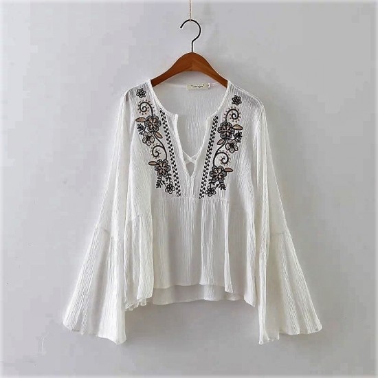  Women Vintage Embroidery Flare Sleeve Vestidos Blouse (WHITE)