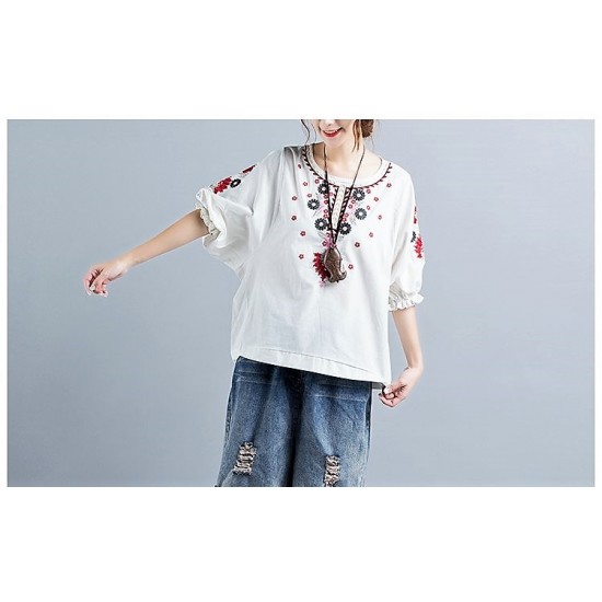 Ethnic Floral Embroidered Loose Half Lantern Sleeve Linen Top (WHITE)