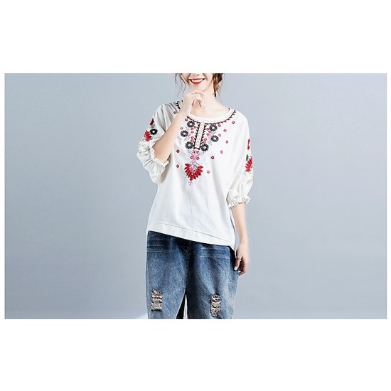 Ethnic Floral Embroidered Loose Half Lantern Sleeve Linen Top (WHITE)