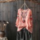 Ethnic Floral Embroidered Loose Half Lantern Sleeve Linen Top (PEACH)