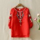 Ethnic Floral Embroidered Loose Half Lantern Sleeve Linen Top (RED)