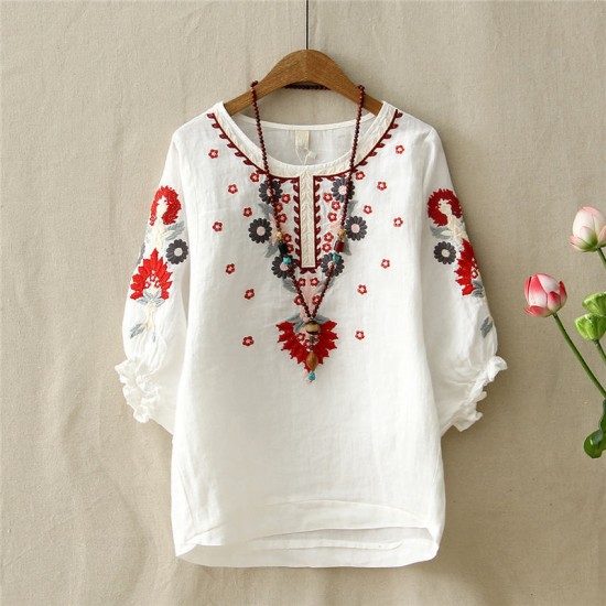Women's Top - Ethnic Floral Embroidered Loose Half Lantern Sleeve Linen (WHITE)