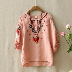 Ethnic Floral Embroidered Loose Half Lantern Sleeve Linen Top (PEACH)