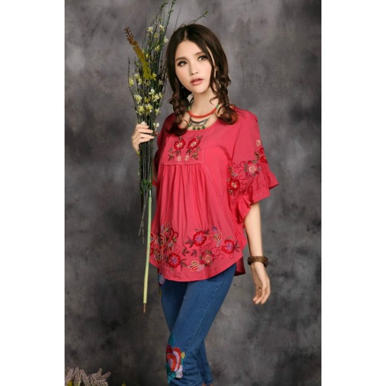  Bat Sleeve Embroidered Blouse (PINK)