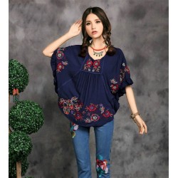  Bat Sleeve Embroidered Blouse (BLUE)