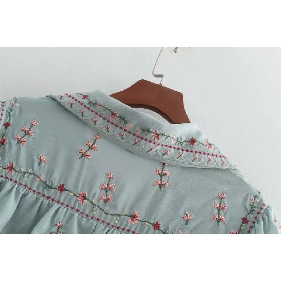  High Street Elegant Laminated Ruffles Flower Embroidery Chiffon Shirt