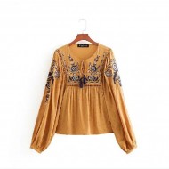 Vintage O Neck Hollow Out Embroidered Smock Cotton Blouse