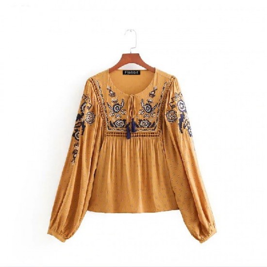 Vintage O Neck Hollow Out Embroidered Smock Cotton Blouse