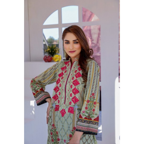 Ladies Kurti - Branded Lawn Embroidered - Green & Flowers